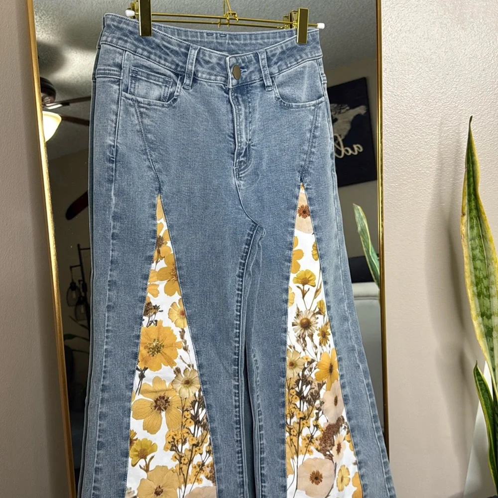 Dolls Kill Blue Floral Flare Jeans - Picture 2 of 5